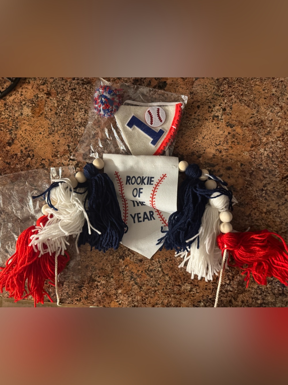 Rookie of the Year Kids Baseball Tassel Banner and Hat - Red, White & Blue